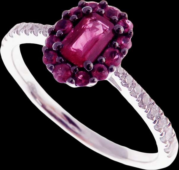 Exotic Crimson Ruby Halo Ring flanked with Diamonds on an 18k White Gold Band