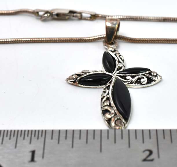 Onyx And Silver Cross Necklace