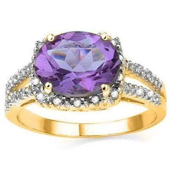 PRECIOUS 2.30 CT AMETHYST & 22 PCS WHITE DIAMOND 10K SOLID YELLOW GOLD RING