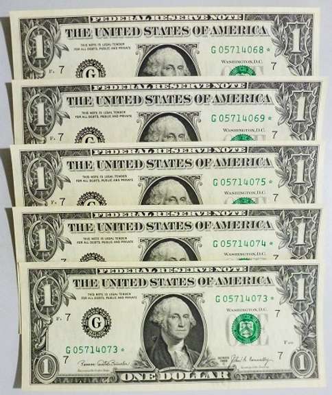 (5) Crisp Exceptional 1969C $1 Star Replacement Notes Chicago-Two Consecutive Sets!