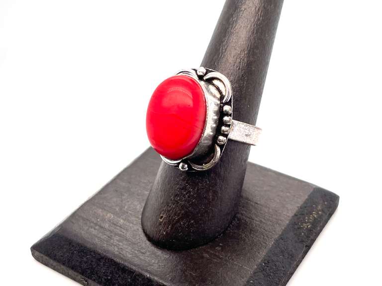 Ovular Red Coral in Tibetan Silver Energy Ring