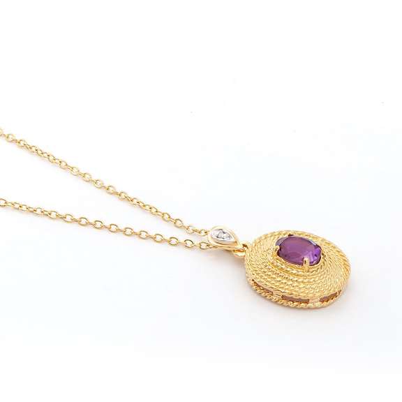 Plated 18KT Yellow Gold 1.04ct Amethyst and Diamond Pendant with Chain
