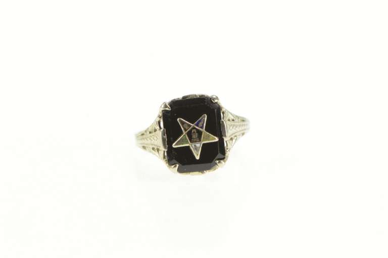 14K White Gold Onyx Enamel Order of the Eastern Star Filigree Ring