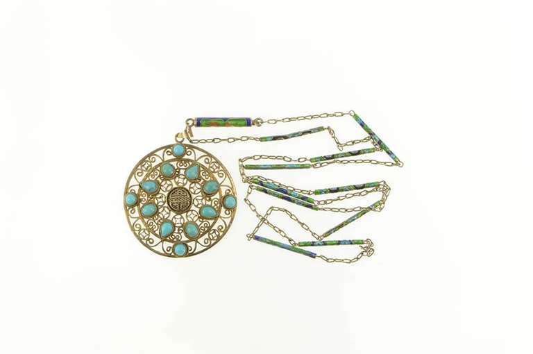 Silver Turquoise Filigree Medallion Water Enamel Necklace