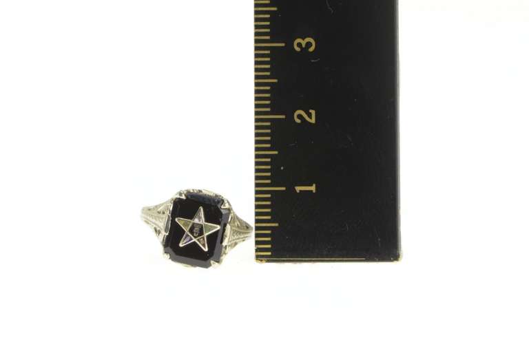 14K White Gold Onyx Enamel Order of the Eastern Star Filigree Ring