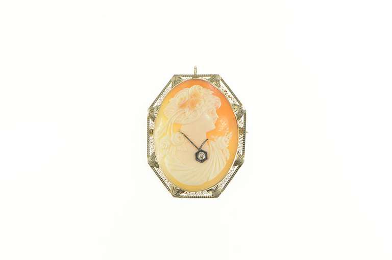 14K White Gold Victorian Diamond Carved Lady Cameo Pendant/Pin