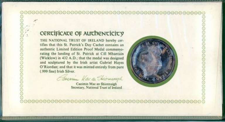 1972 St. Patrick's Day Silver Commemorative Medal and Cache. CoA
