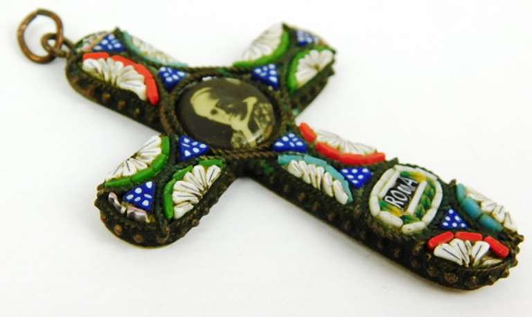 Vintage Micro Mosaic Cross Pendant with Pope