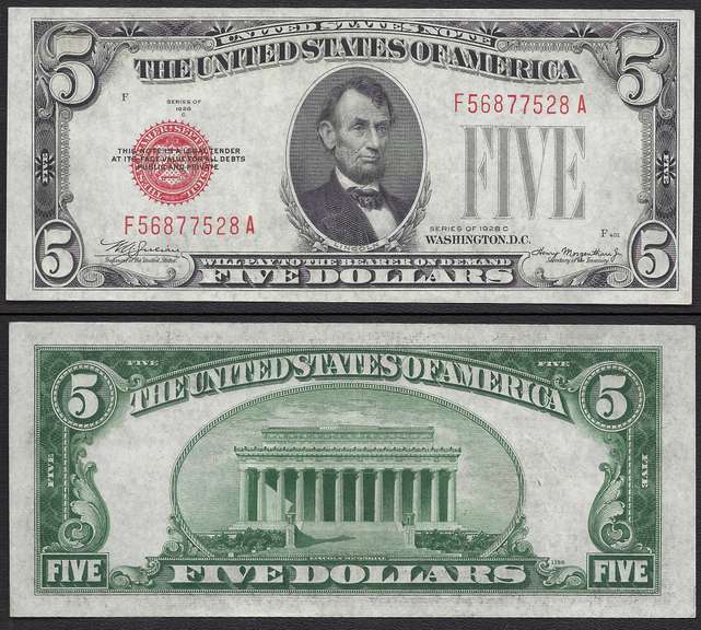 $5 1928-C Legal Tender lightly circulated
