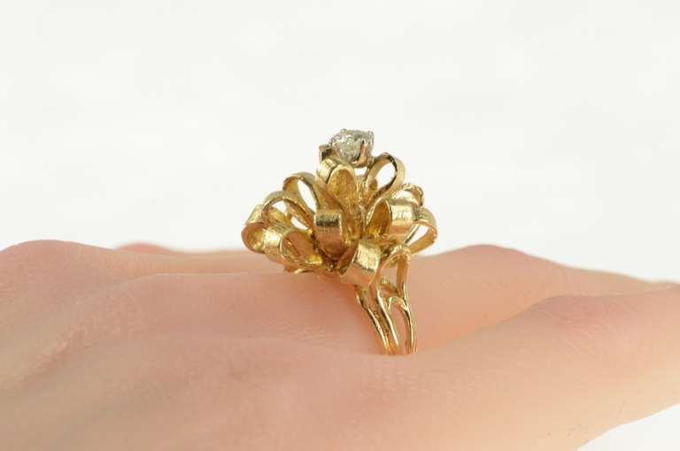 14K Yellow Gold 1950's 0.30 Ct Diamond Ribbon Cluster Cocktail Ring