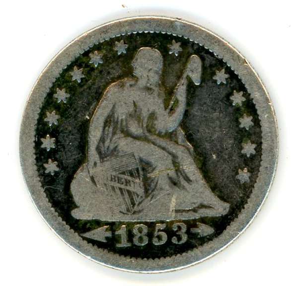 1853 Arrows and Rays Liberty Seated Quarter