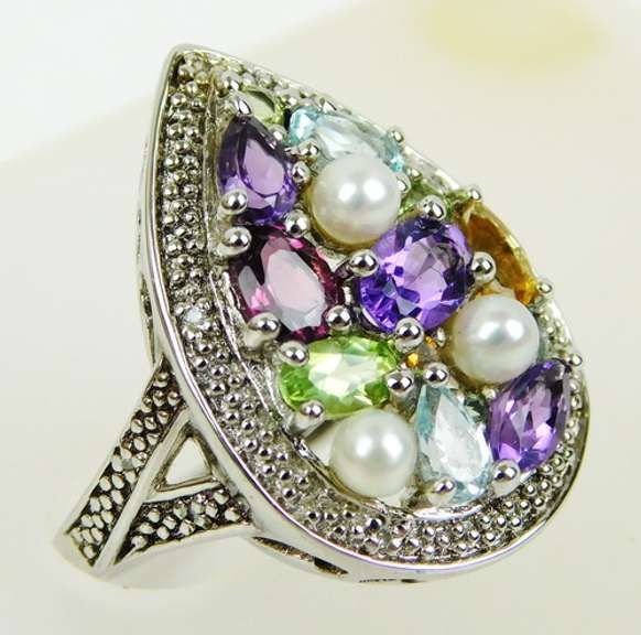 Sterling Multi-Gemstone & Pearls Ring, Size 7.25