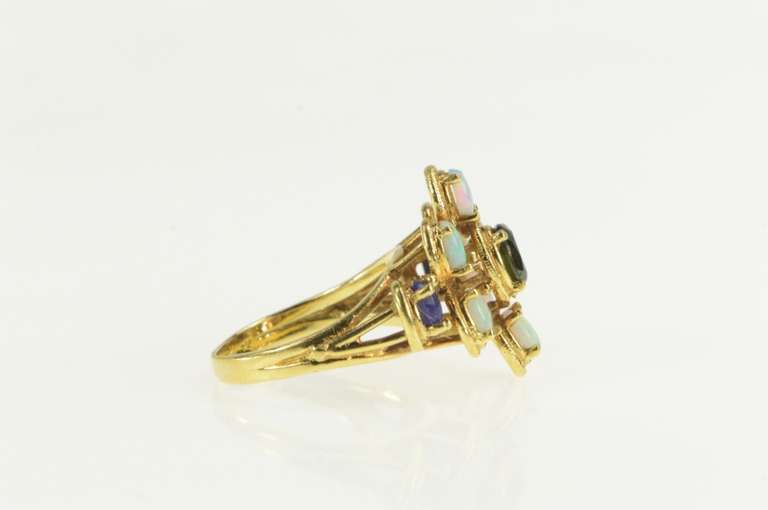 14K Yellow Gold 1950's Natural Opal Sapphire Cocktail Cluster Ring