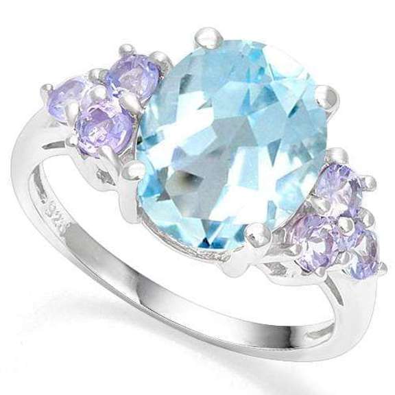 4.06 CT BABY SWISS BLUE TOPAZ & 2/3 CT TANZANITE 925 STERLING SILVER COCKTAIL RING