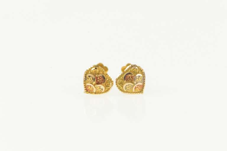 18K Yellow Gold Textured Heart Love Symbol Screw Back Stud Earrings