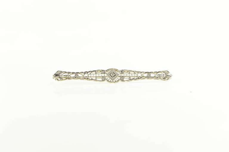 14K White Gold Art Deco Diamond Filigree Ornate Bar Pin/Brooch
