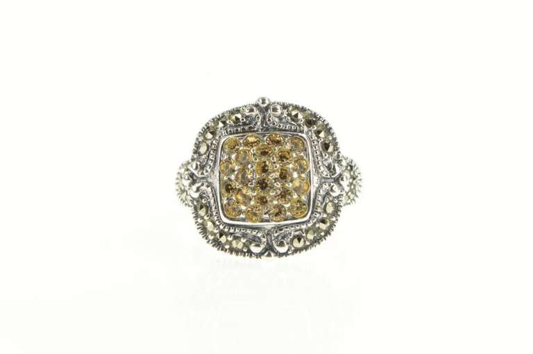 Sterling Silver Pave Sim. Citrine Marcasite Squared Statement Ring