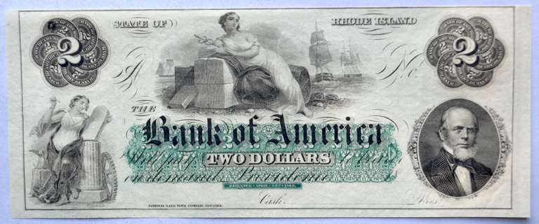 Circa 1860 s CH CU $2 Bank of America Rhode Island Note