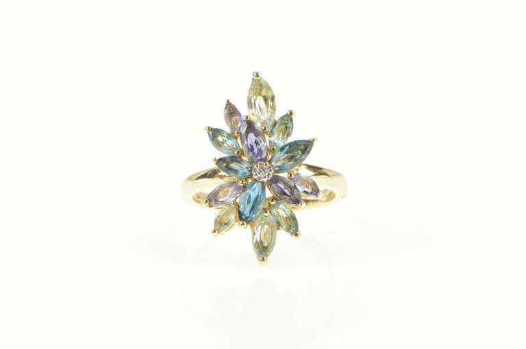 10K Yellow Gold Blue Topaz Amethyst Marquise Cluster Diamond Ring