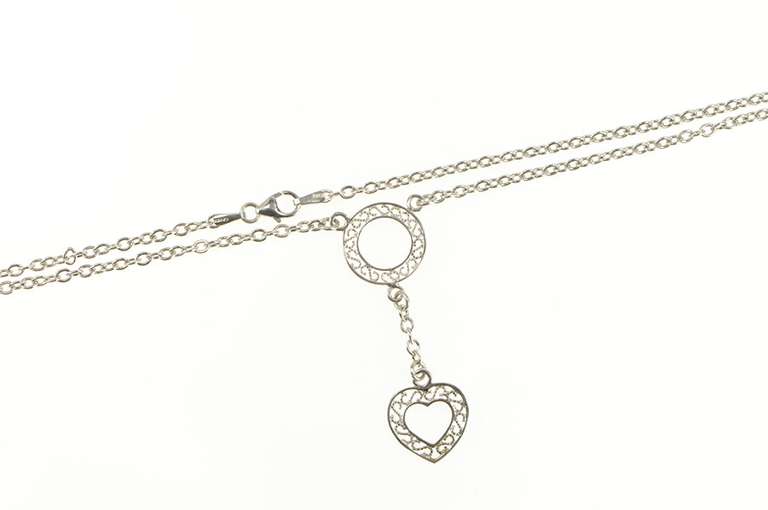 14K White Gold Heart Filigree Dangle Cable Chain Statement Necklace