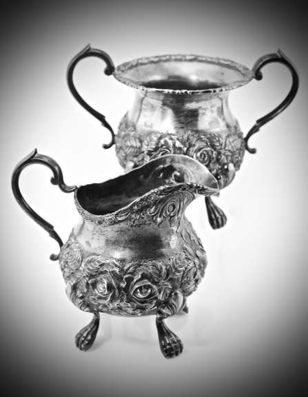 Intricately Hand-Chased Sterling Schofield Creamer and Sugar