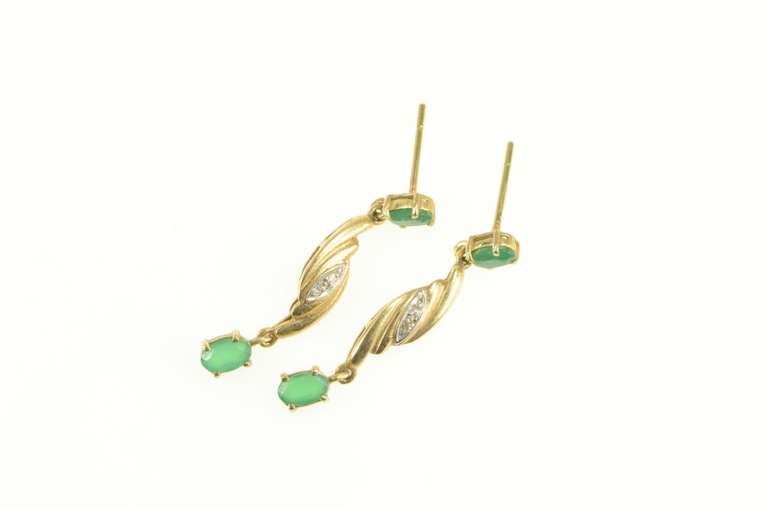 14K Yellow Gold Oval Emerald Diamond Accent Dangle Earrings