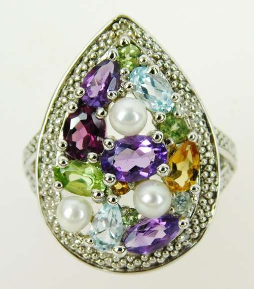 Sterling Multi-Gemstone & Pearls Ring, Size 7.25