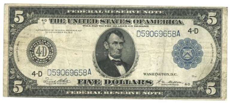 Collectible 1914 Series Large Size $5 Federal Reserve Note (4-D)