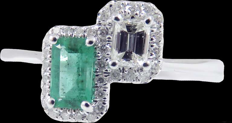 Twin Pair Emerald and Baguette Diamond Ring with 18k White Gold