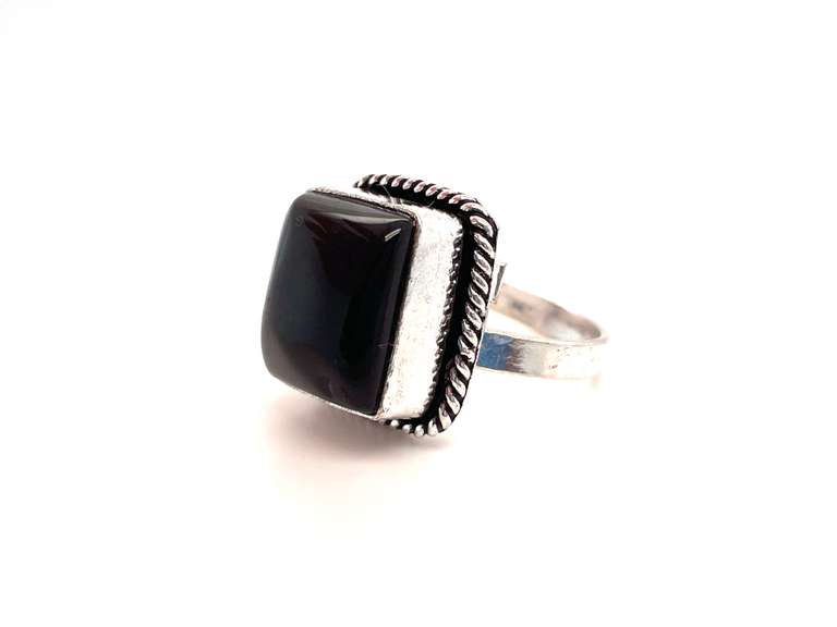 🦇 Spooky! 🦇 Square Black Onyx Tibetan Silver Rope Design Ring