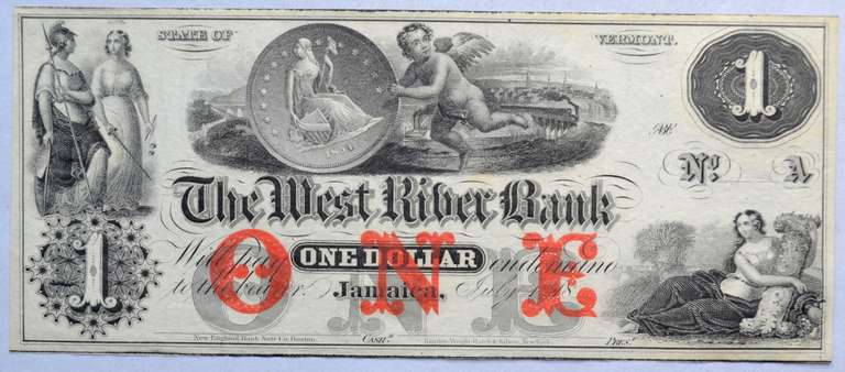 $ 1 West River Bank State of Vermont Jamaica 1860 S Coin Note