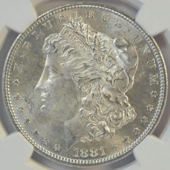 Blazing-white near Gem BU 1881-S Morgan Silver Dollar. NGC MS64