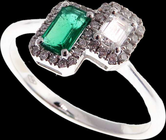 Twin Pair Emerald and Baguette Diamond Ring with 18k White Gold