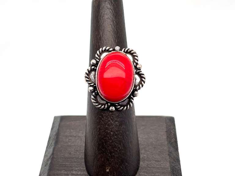 Ovular Red Coral in Tibetan Silver Energy Ring