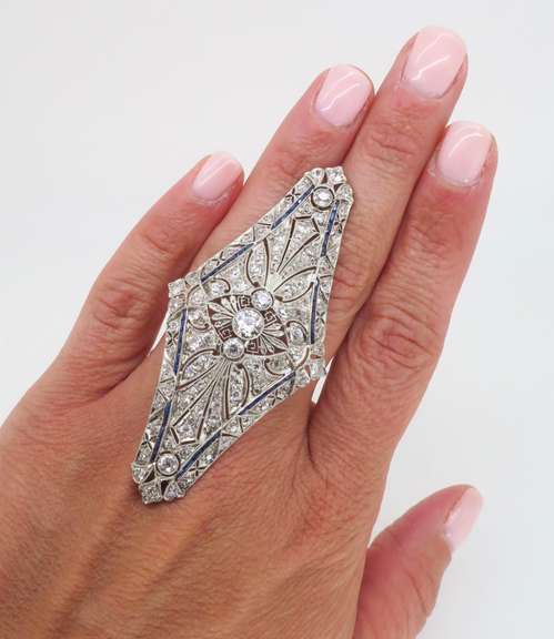 Vintage Platinum Brooch with Diamonds & Blue Sapphires