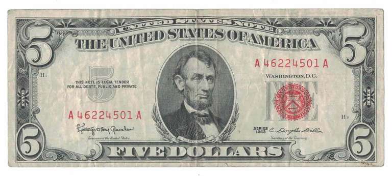 1963 $2 Two Dollar Red Seal Lincoln Bank Note US Bill