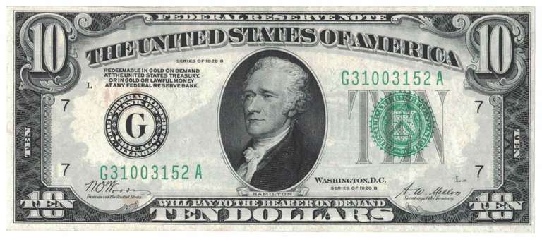 1928-B $10 Ten Dollar Green Seal Hamilton Bank Note US Bill