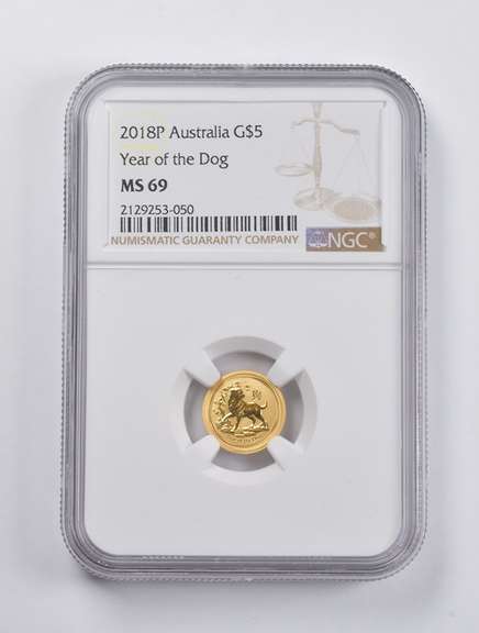 MS69 2018-P Australia $5 Gold Year Of The Dog 1/20 Oz. .999 Gold NGC