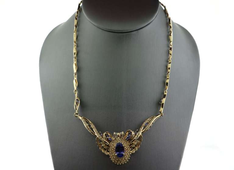 Incredibly Ornate 3.31CTW Tanzanite and 3.14CTW Diamond Necklace in 14K Yellow Gold