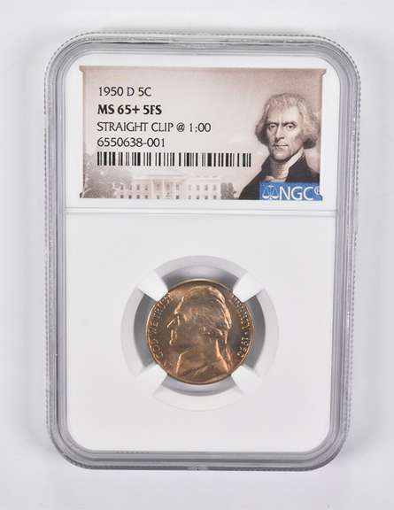 MS65+ 5FS 1950-D Jefferson Nickel Straight Clip @ 1:00 NGC