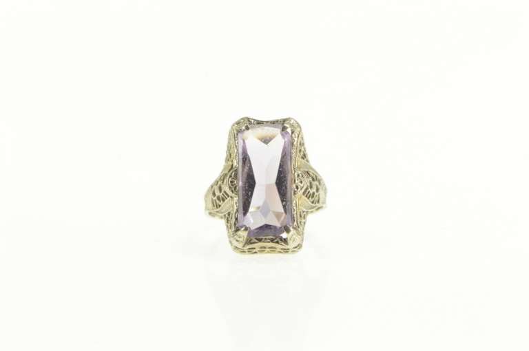 14K White Gold Art Deco Amethyst Ornate Filigree Statement Ring