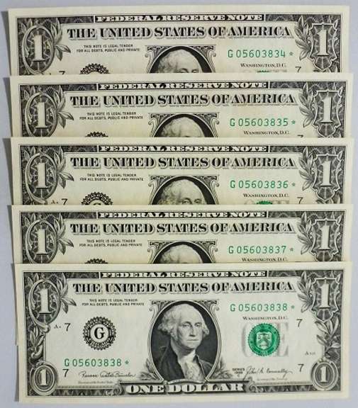(5)  Superb Crisp 1969C $1 Star Replacement Notes Chicago-Consecutive!