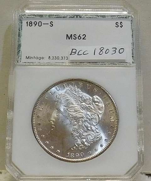 1890-S Morgan Dollar PCI MS-62, Premium.