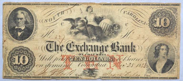 1853 $10 Exchange Bank of Columbia South Carolina Note