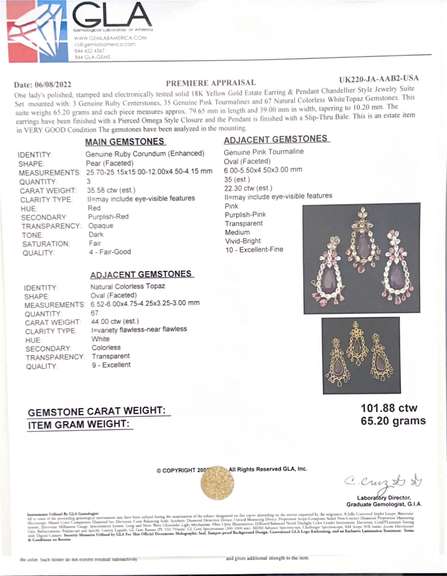 18k Gold Ruby and Tourmaline and Topaz Estate Earring & Pendant Chandellier Style Jewelry Suite Set