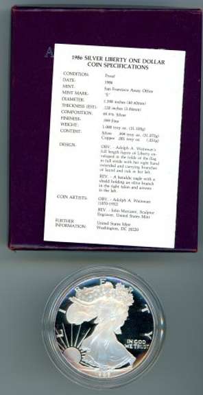 1986 Proof Silver Eagle in Original Box w/Papers