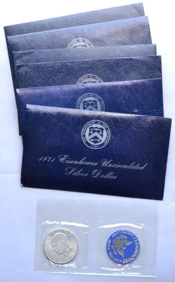 6 X 1971 Ike Silver Dollar Blue Envelopes