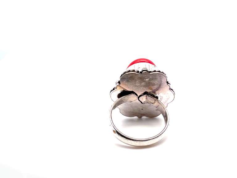 Ovular Red Coral in Tibetan Silver Energy Ring