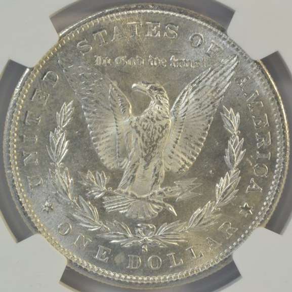 Blazing-white near Gem BU 1881-S Morgan Silver Dollar. NGC MS64