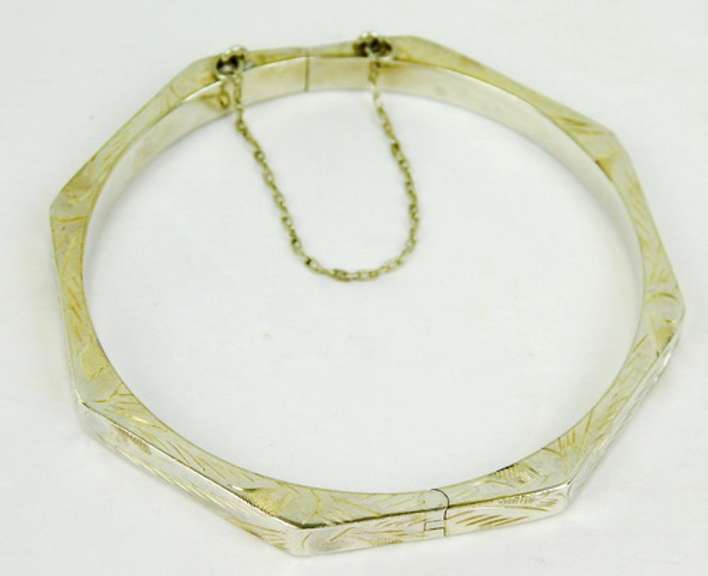 Vintage Sterling Octagon Engraved Bangle Bracelet